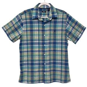 Izod Linen Blend Madras Plaid Button Down Shirt Short Sleeve Blue Green Size M